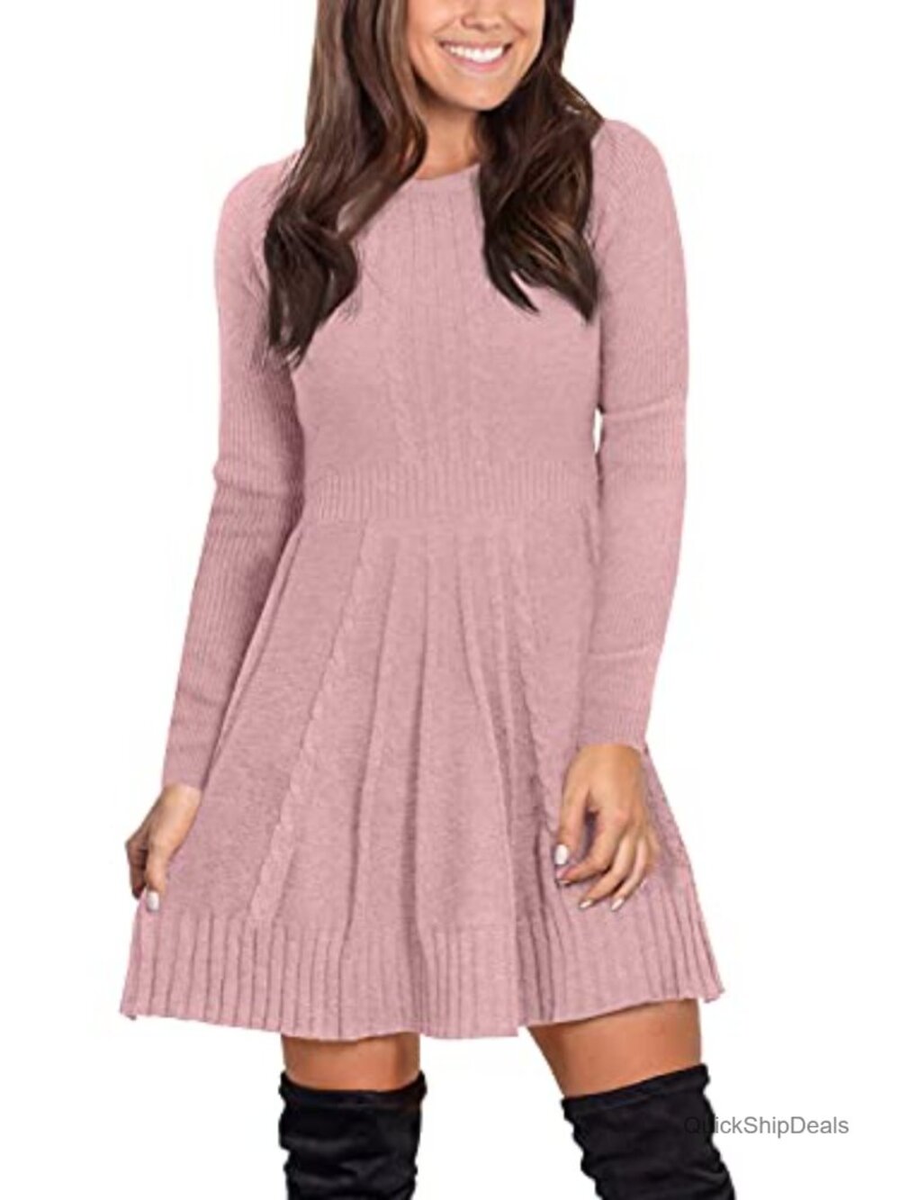 Women's Cable Knit Sweater Dress Long Sleeve Flare Pullover Winter